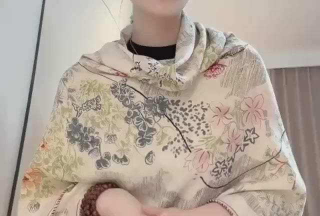Silk Wool Scarf 53"x53" 135x135cm, Watercolor Forest Soft Floral Silk Wool Blend Square Shawl, Whimsical Garden Gift for Her