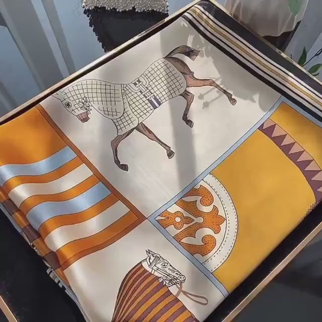 100% Mulberry Silk Scarf 35”×35” 90×90 cm Equestrian Horse Print Silk Scarf | Vintage Patchwork Square Scarf