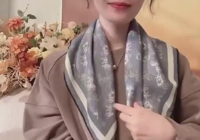 Luxury Silk Wool Scarf, Blue Horse Carriage Print Square Shawl 27", Double-Sided Warm Neck Wrap, Elegant Spring Autumn Scarf, Gift for Her