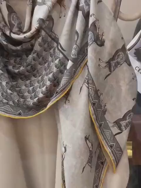 100% Silk Wool Scarf 53"x53" 135x135cm, Luxury Double Sided Two Tone Equestrian Horse Shawl, High-End Herringbone Pattern Large Square Wrap