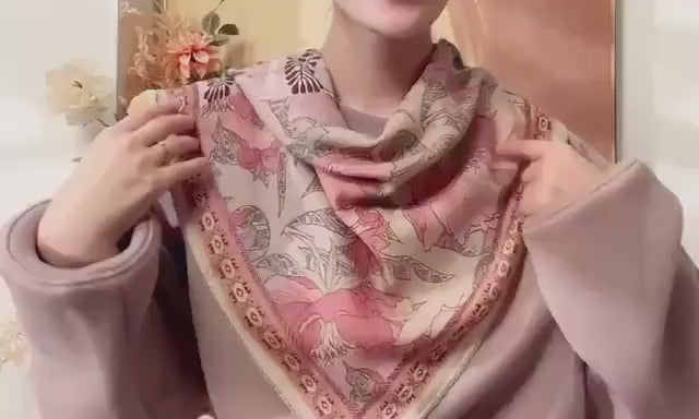 100% Mulberry Silk Scarf 27"x27" 68x68cm, Luxury Lotus Pink Silk Wool Blend Scarf, Elegant Spring Neckwear, Chic French Silk Square