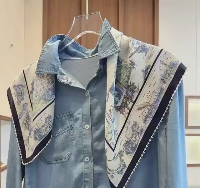 100% Silk Wool Scarf 26"x26" 65x65cm, Nautical Logbook Silk Square Scarf, Ocean Blue Contrast Border Neckerchief, Vintage Sailor Bandana