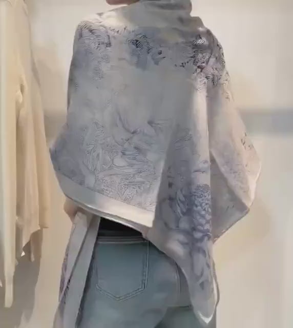 Silk Wool Scarf 53"x53" 135x135cm, Luxury Haze Blue Rainforest Silk Wool Scarf, Large Botanical Shawl, Tropical Wrap Gift for Her