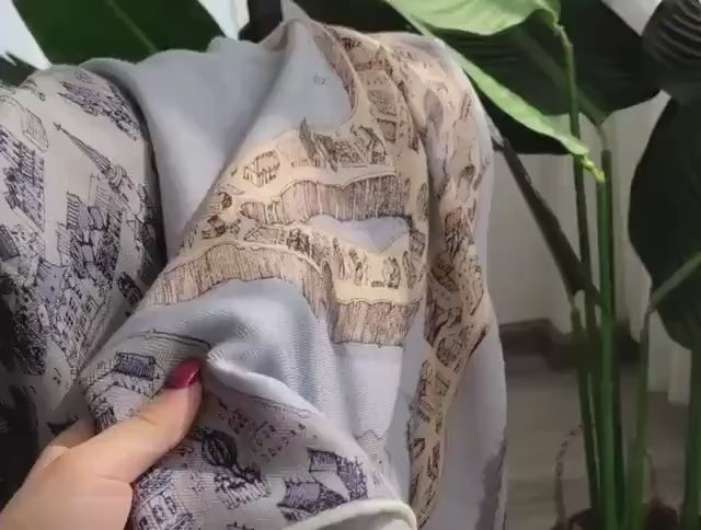 100% Silk Wool Scarf 53"x53" 135x135cm, Luxury Haze Blue Large Square Shawl, High-End Winter Warm Dual Use Wrap for Women