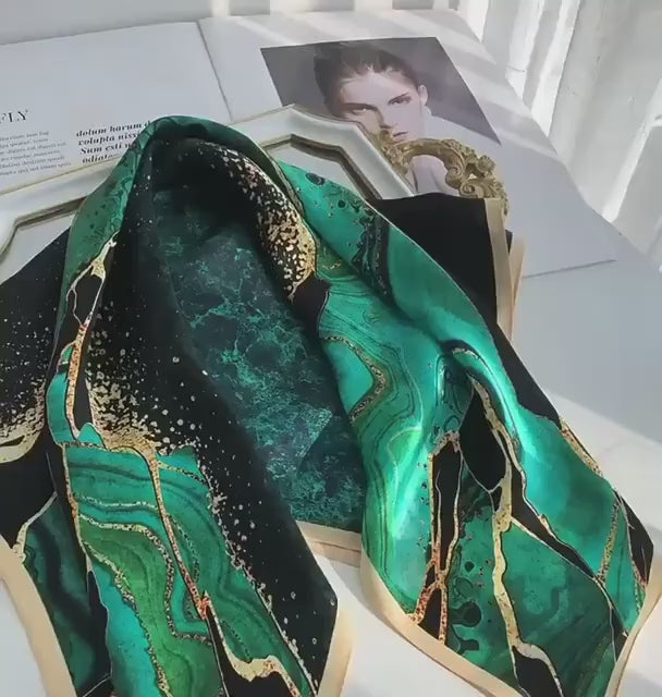 100% Mulberry Silk Scarf 26x26" 65x65CM, Aurora Green Silk Bandana, Hand Rolled Edge, Luxury Neck Scarf, Fashion Gift for Her