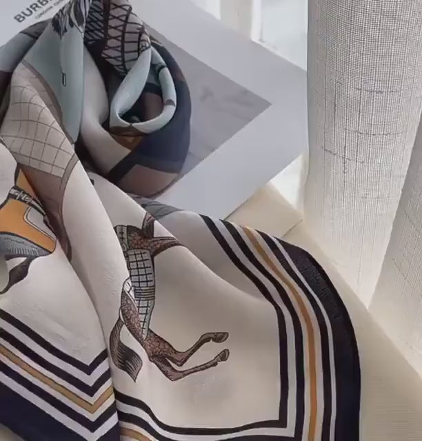 Wrapwhisper 100% Mulberry Silk Scarf 26"x26" 65x65cm, Smoky Blue Grid Horse Print Silk Crepe de Chine Square Scarf, Shawl Wrap, Gift for Her