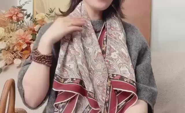 100% Mulberry Silk Scarf 41"x41" 105x105cm, Burgundy Wine Red Large Square Georgette Shawl Wrap, Elegant Quiet Luxury Gift for Her