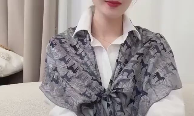 100% Mulberry Silk Scarf 42"x42" 108x108CM, Luxury Silk Sheer Scarf for Women, Equestrian Horse Print, Summer Sun Protection Shawl Wrap