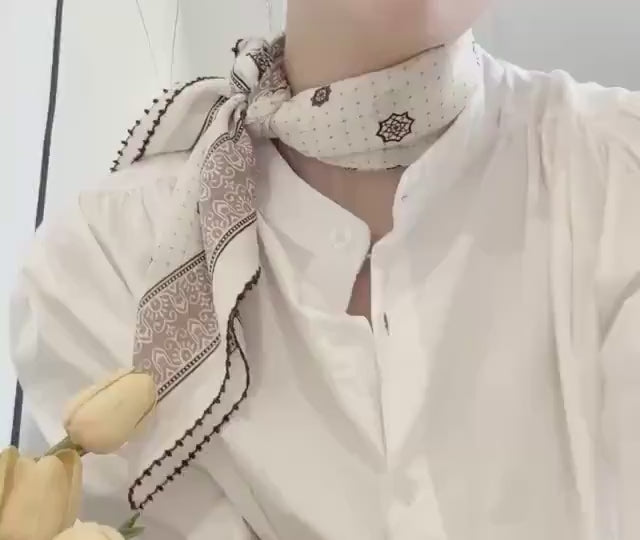 100% Silk Wool Scarf 26"x26" 65x65cm, Caramel Cream Silk Square Scarf, Vintage Mulberry Silk Crepe de Chine Neck Scarf, Gift for Her