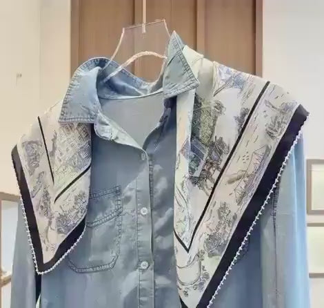 100% Mulberry Silk Scarf 26"x26" 65x65CM, Nautical Logbook Maritime Map Square Scarf, Hand Rolled Edge Crepe de Chine Neck Handkerchief Gift