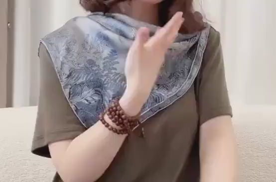 26x26" 65x65cm | Gray Blue Rainforest Scarf | Mulberry Silk Georgette Square Scarf | Tropical Botanical Headscarf Hair Wrap Gift for Her