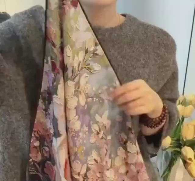 Silk Wool Scarf 27”x27” 68x68cm, Oil Painting Square Scarf, Artistic Silk Wool Neck Scarf, Women’s Winter Accessory