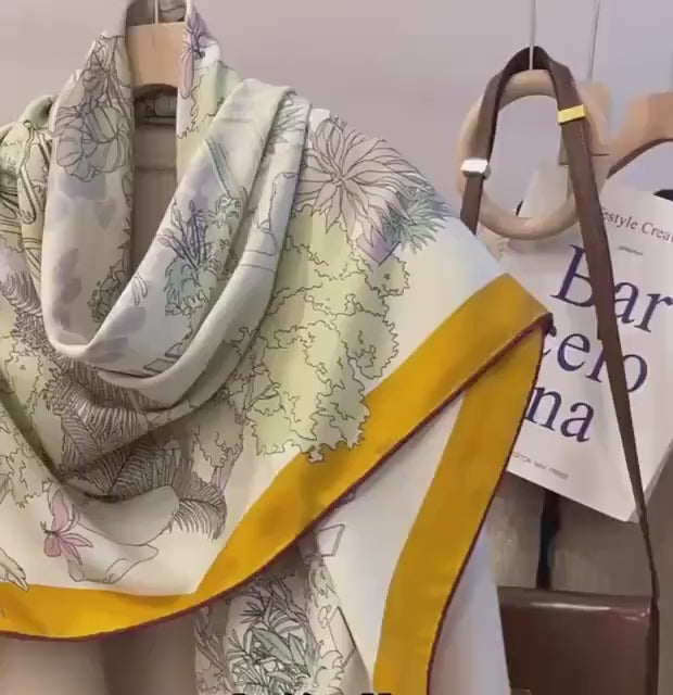 Luxury Silk Wool Scarf 53x53" 135x135CM, Fresh Romantic Garden Shawl, Winter Oversized Floral Blanket Wrap, Elegant Multi Use Gift for Her